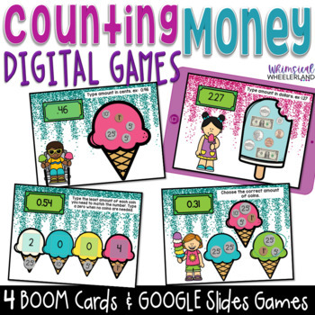 Preview of Counting Money Task Cards BUNDLE Counting Real Coins Google Slides & Boom Cards