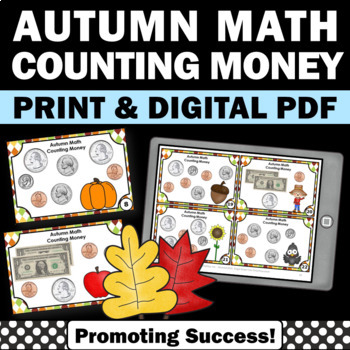 Preview of Counting Money Task Cards 2nd 3rd Grade Math Review Stations Thanksgiving Fall