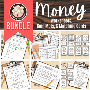 Preview of Counting Coins Worksheets & Matching Cards BUNDLE Montessori Money Math Centers