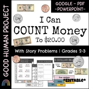 Preview of Counting Money To $20.00 | Money Practice + Story Problems | CCSS Aligned