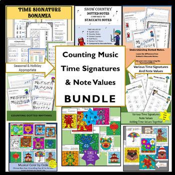 Preview of Counting Music Time Signatures & Note Values BUNDLE with No Prep