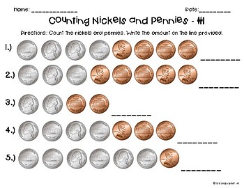 Counting Coins Worksheets: Nickels and Pennies by The Busy Beehive