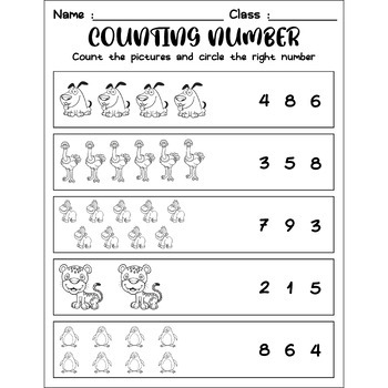 Counting Number : Cute Animal no prep Math Worksheets for PreK-1st