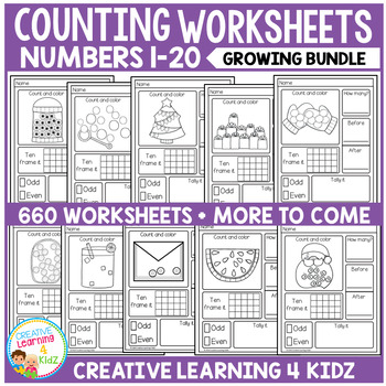 counting number worksheets 1 20 bundle by creative learning 4 kidz