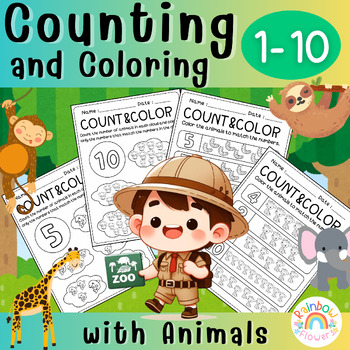 Preview of Counting Numbers 1-10 and Coloring Worksheets with Various Animals