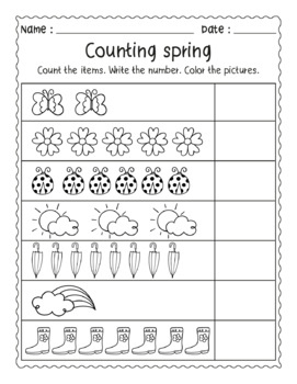 Counting Numbers to 10 Spring theme Count Write and Color Worksheets