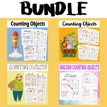 Preview of Counting Objects to 10 Worksheets Space Zoo Sloth Unicorn Themed Bundle