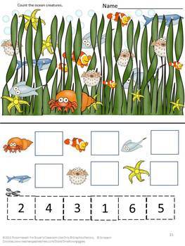 Ocean Animals Activities, Kindergarten Math Cut and Paste Worksheets