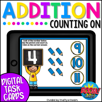 Preview of Counting On Addition Math Boom Cards for First Grade Back to School Activities