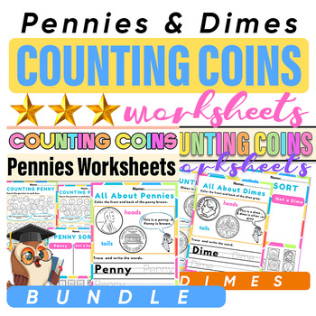 Preview of Counting Pennies & Dimes Worksheets Color Coins Bundle