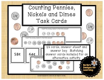 Counting Pennies, Nickels and Dimes Task Cards by Ra Ra's Designs for