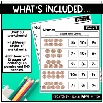 Counting Pennies Worksheets by Teach Love Autism | TpT