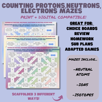 Preview of Counting Protons, Neutrons,Electrons of Atoms, Ions & Isotopes Scaffolded Mazes 