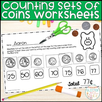 Preview of Counting Sets of Coins Worksheets - Quarters, Dimes, Nickels, Pennies