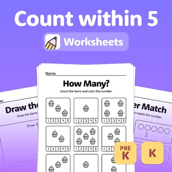 Preview of Counting Sets to 5 | Kindergarten Counting & Cardinality Worksheets, Numbers 1-5