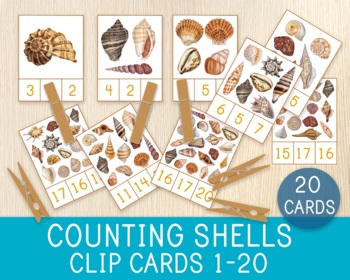Preview of Counting Shells, Clip Cards, Numbers 1-20, Preschool, Summer School, Montessori