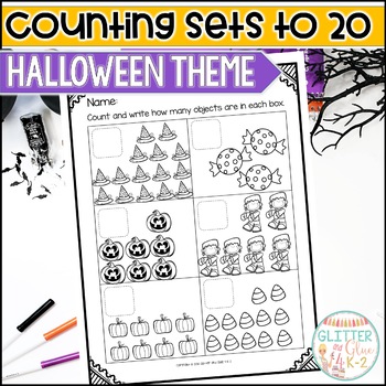 Preview of Halloween Themed Counting Sets to 20 Worksheets - Practice, Assessments, & More!