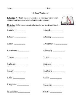 Preview of Counting Syllables Worksheet with Syllable Definition and Answer Key