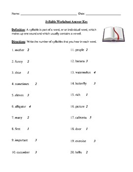 counting syllables worksheet with syllable definition and answer key
