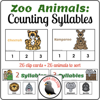 Preview of Counting Syllables - Zoo Animals (Clip Cards & Sorting Activity)