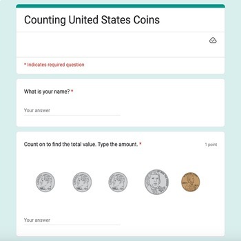 Preview of Counting United States Coins Google Form Assessment