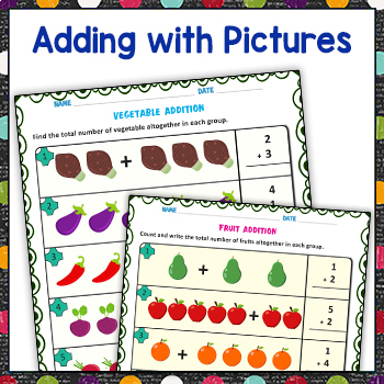 Preview of Counting Worksheets - Visual Basic Adding with pictures for practicing quantity