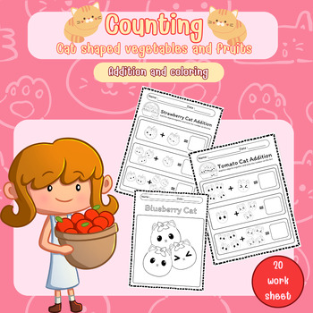 Preview of Counting and Adding Numbers 1-10 : Cat fruit and vegetable theme and coloring