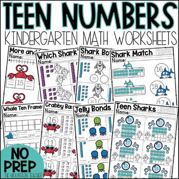 Preview of Counting and Building Teen Numbers Kindergarten Worksheets and Activities