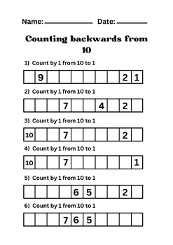 Counting backwards from 10 worksheet by Préparation Professional Teacher