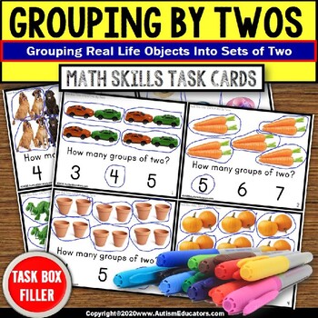 Preview of Skip Counting by 2s | Grouping By 2s with Objects TASK CARDS | Task Box Filler