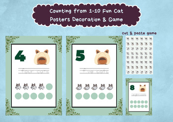 Preview of Counting from 1-10 Fun Cat Posters & Game, Classroom Decoration, Back to School