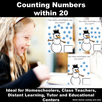 Preview of Counting numbers to 20 - 20 Snowflake Task Cards to Complete: PreK - Grade 1