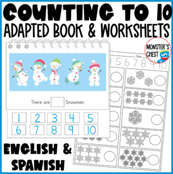 Preview of Winter Counting to 10 Adapted Book and Worksheets English & Spanish
