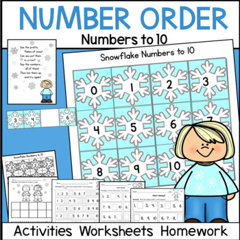 Preview of Winter Snow Theme Number Order to 10 Counting Activity Center Worksheets