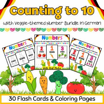 Preview of Counting to 10 in German with Vegetable Themed Flashcards & Worksheets BUNDLE