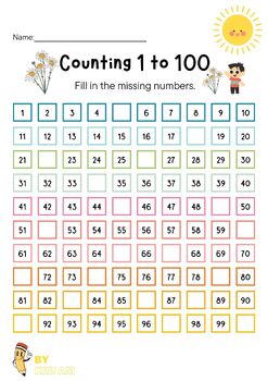 Preview of Counting to 100 Math Worksheet in Colorful box style (1-100)