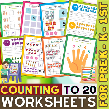 Preview of Counting to 20 Worksheets | Numbers 1 to 20 Trace, Count, Color, Cut and Paste