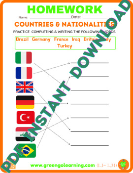 Preview of Countries & Nationalities / ESL HOMEWORK / (easy to check)