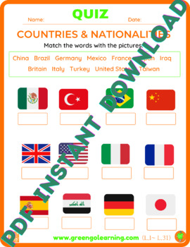Preview of Countries & Nationalities / ESL PDF QUIZ / (easy task)