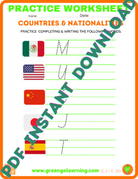 Preview of Countries & Nationalities / ESL PRACTICE WORKSHEET /