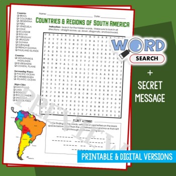 Preview of Countries, Regions of SOUTH AMERICA Word Search Puzzle Geography Activity