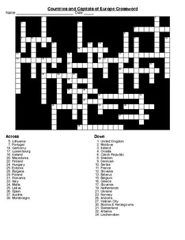 Preview of Countries and Capitals of Europe Crossword and Word Search with KEYS