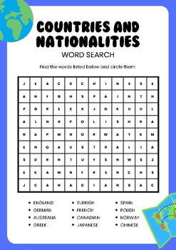 Countries and Nationalities Word Search by future buds | TPT