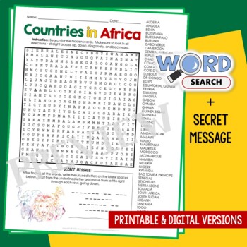 Preview of Countries in Africa Word Search Puzzle Geography Vocabulary Activity Worksheet