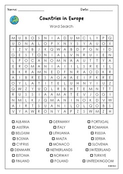 Countries in Europe Word Search Puzzle Activity Worksheet ~Vocabulary