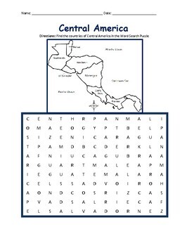 Preview of Central America Countries Map and Word Search Puzzle Printable Activity