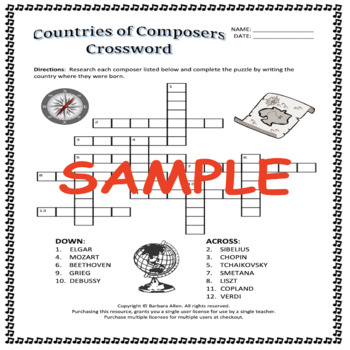 Countries of Composers Fun Crossword Puzzle Worksheet (Answer Keys