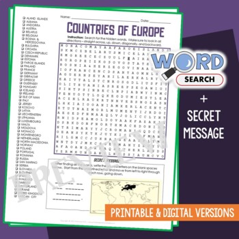 Preview of Countries of Europe Word Search Puzzle Geography Hunt Activity Worksheet