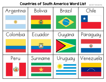 Countries of South America Word List - Writing Center by The Kinder Kids