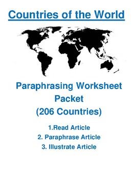 Preview of Countries of the World Paraphrasing & illustration Worksheet Packet (206 Total)